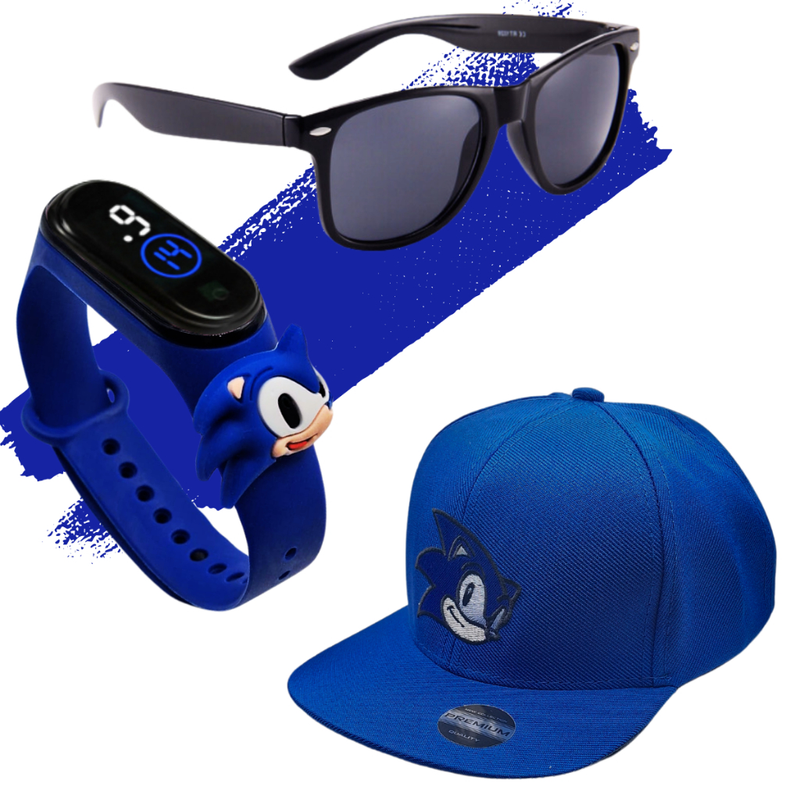 Kit Boné Infantil Óculos e Relógio de Led Digital Personagem Sonic Criança 04 a 12 Anos Barato